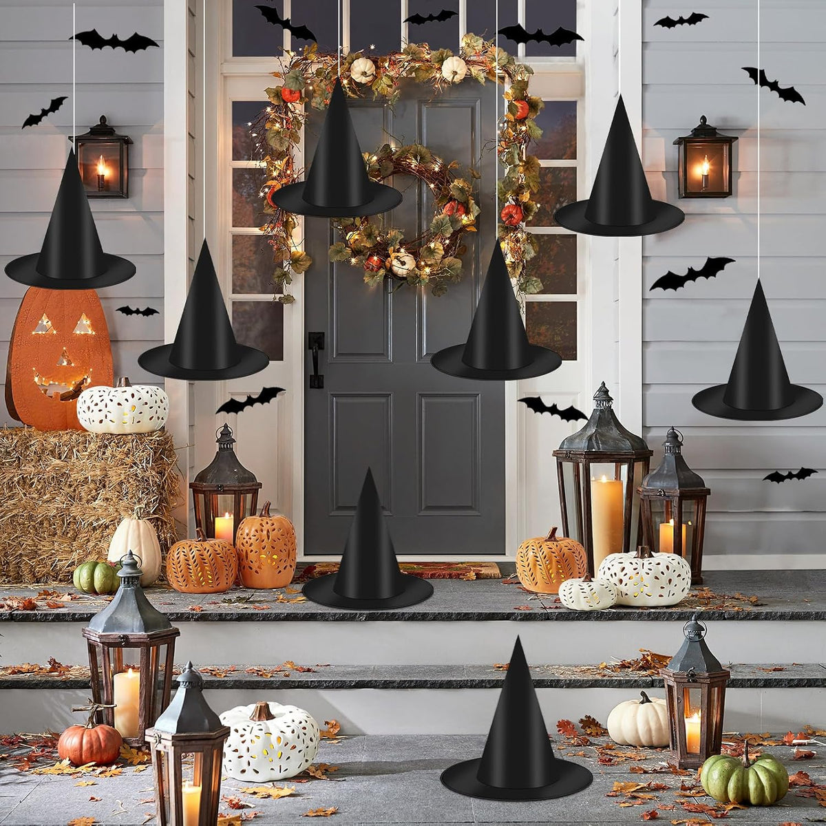 12 PCS Hanging Witch Hats Black/Pink, 16 PCS 3D Bats Stickers for Halloween Indoor Outdoor Decorations