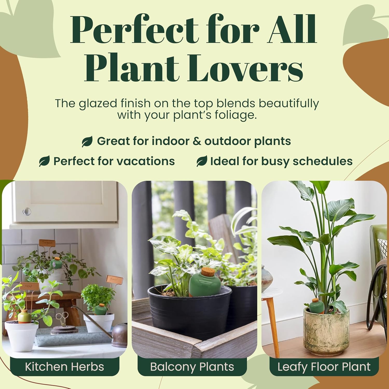 Terracotta Self Watering Planter Insert - Set of 4 Clay Ollas with Slim Bottom for Easy Soil Insertion, Glazed Top