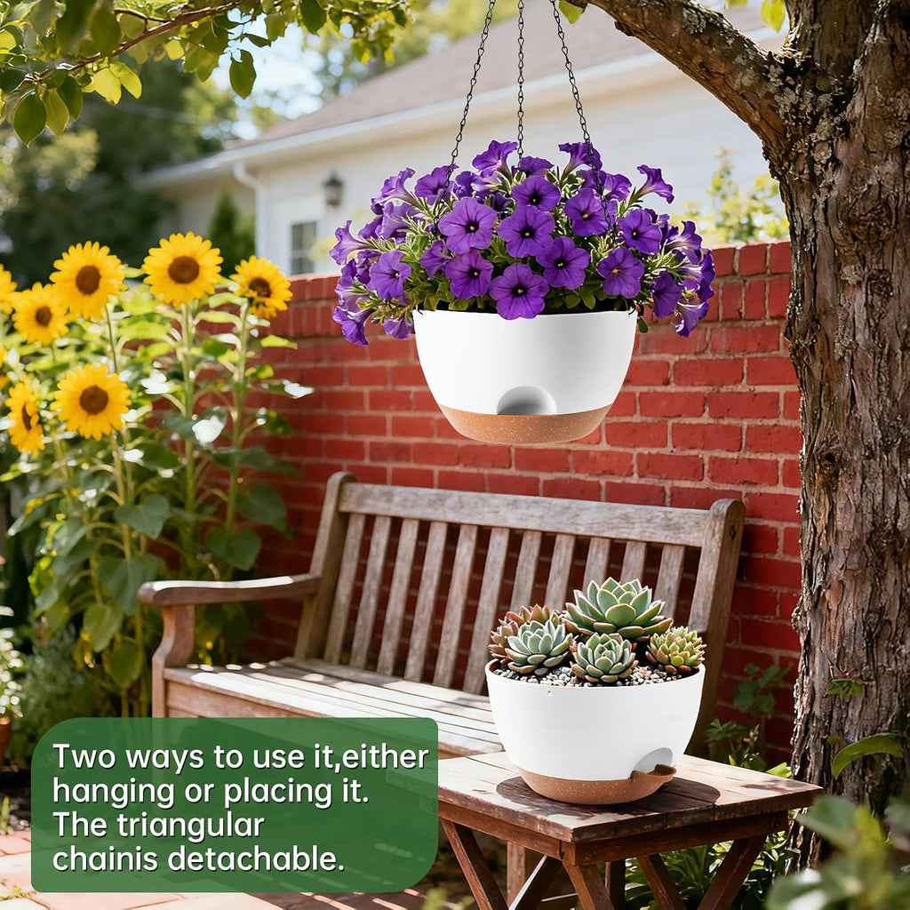 3-Piece Set of 10-Inch Hanging Planters with Automatic Watering System and Drip Tray, Includes Metal Chain, Suitable