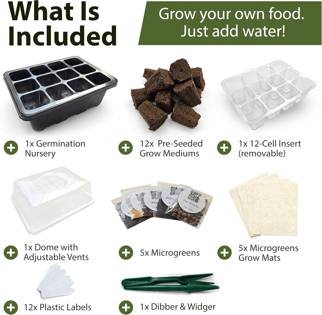 Seed Starter Kit with Humidity Dome – 12-Cell Indoor Pre-Seeded Seed Starting Tray with Basil & Microgreens – Complete
