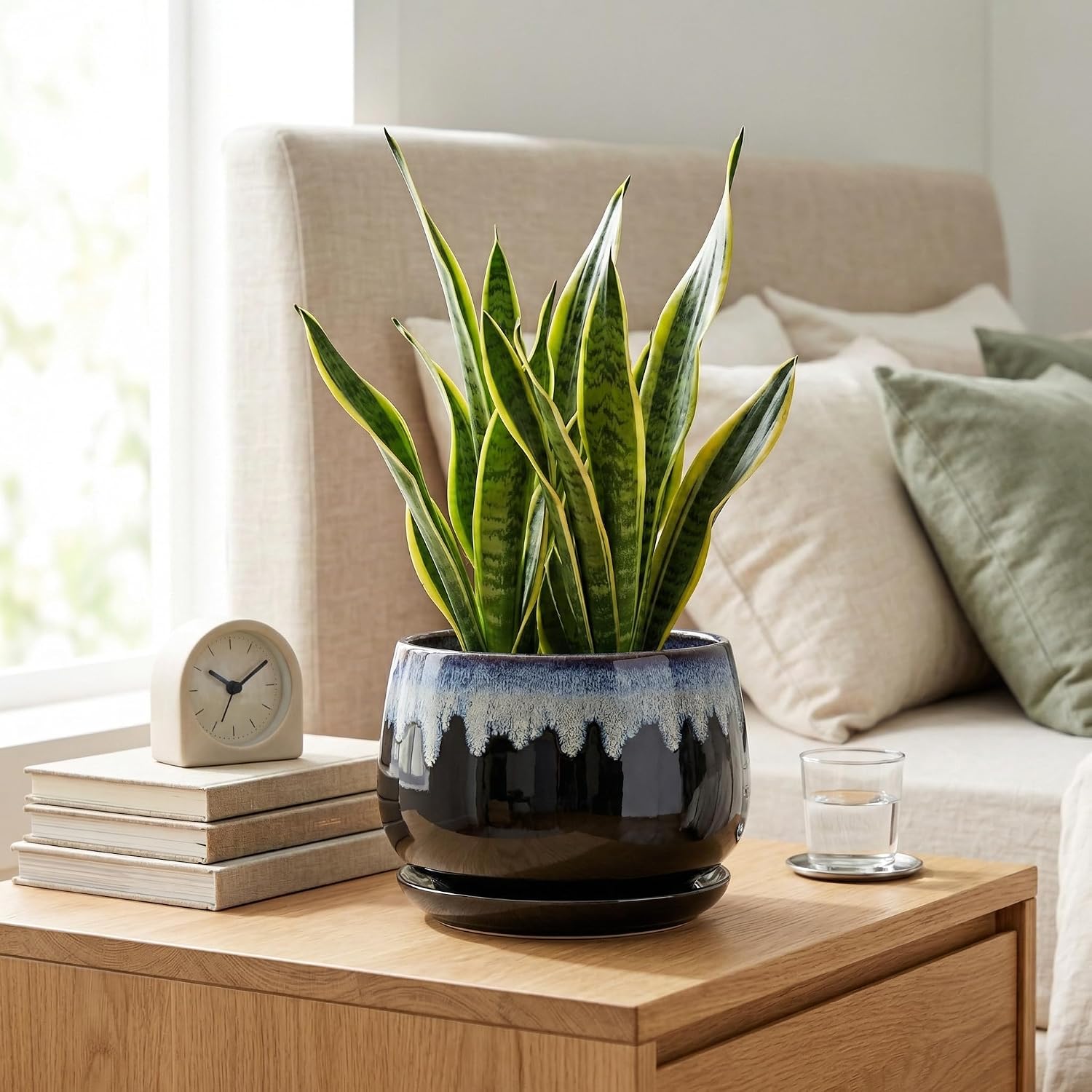 Ceramic Plant Pots 7 Inch - Ceramic Planter with Drainage Hole and Saucer, Decorative Flower Pots for Indoor Plants