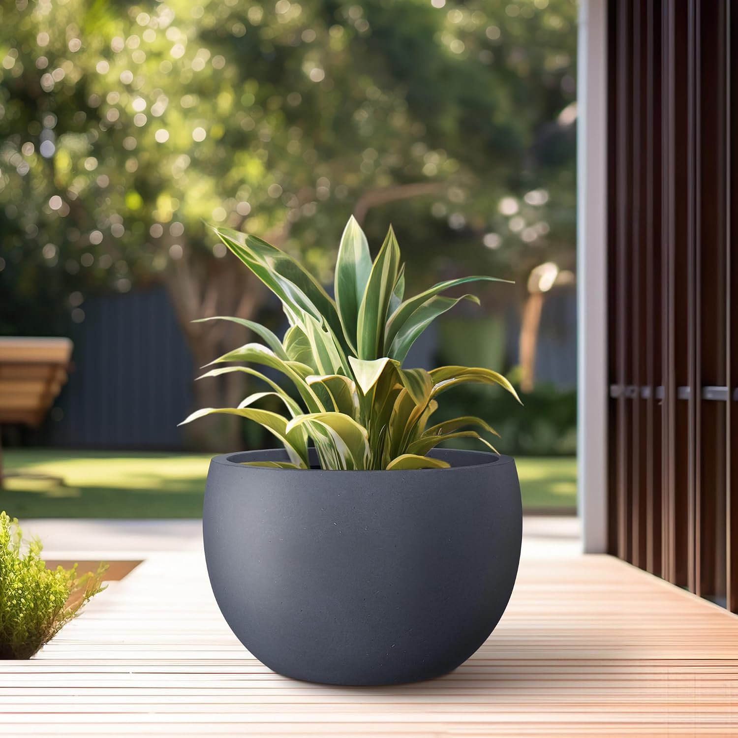 Kante Accent Round Bowl Charcoal Concrete Planter 15.7" Dia, Outdoor | Rubber Plug for Indoor, Drainage for Garden