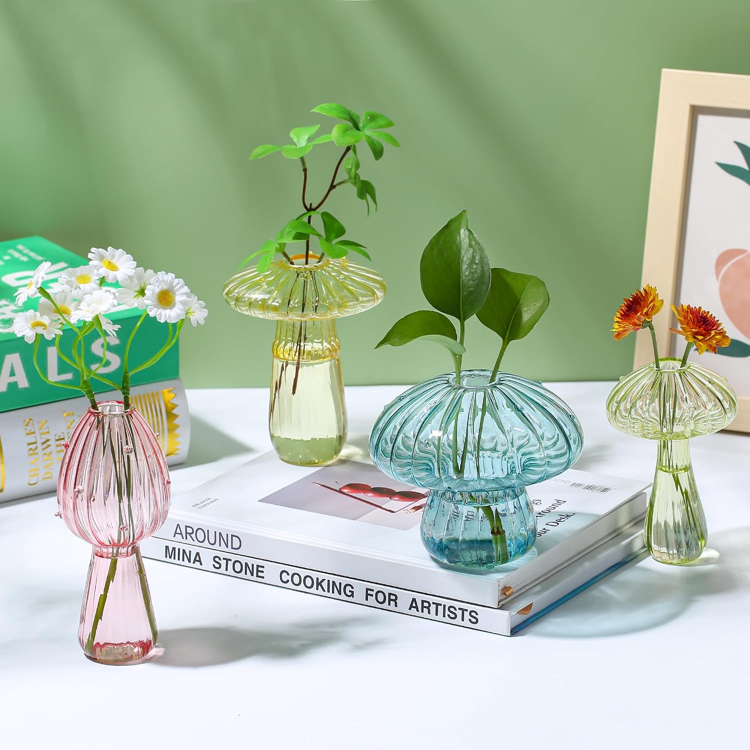 Mushroom Vase, Set of 6 Colored Glass Propagation Stations Vases | Handmade Colored Bud Vases, Cute Mushroom Planter