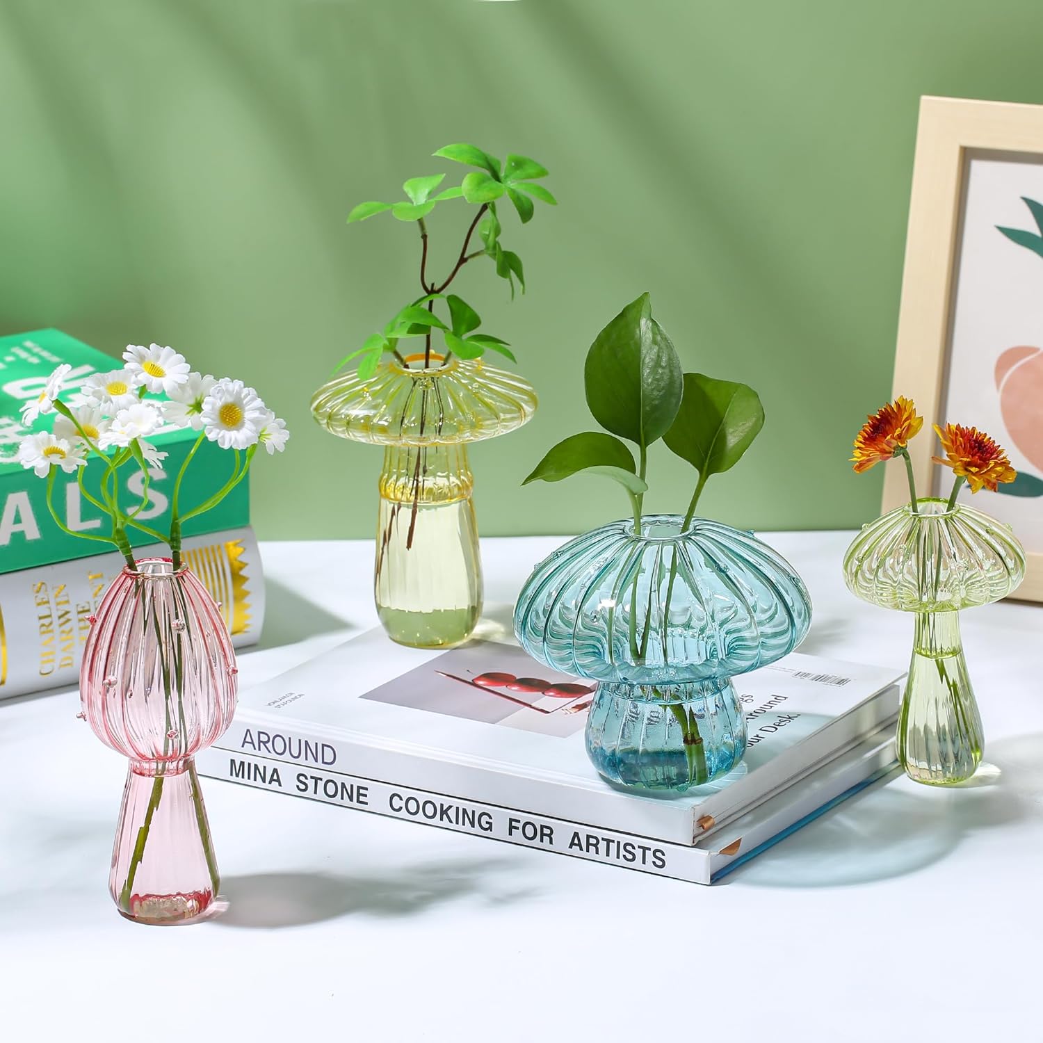 Plant Propagation Station, Set of 6 Colored Glass Mushroom Vase | Handmade Colored Propagation Stations, Small Plant