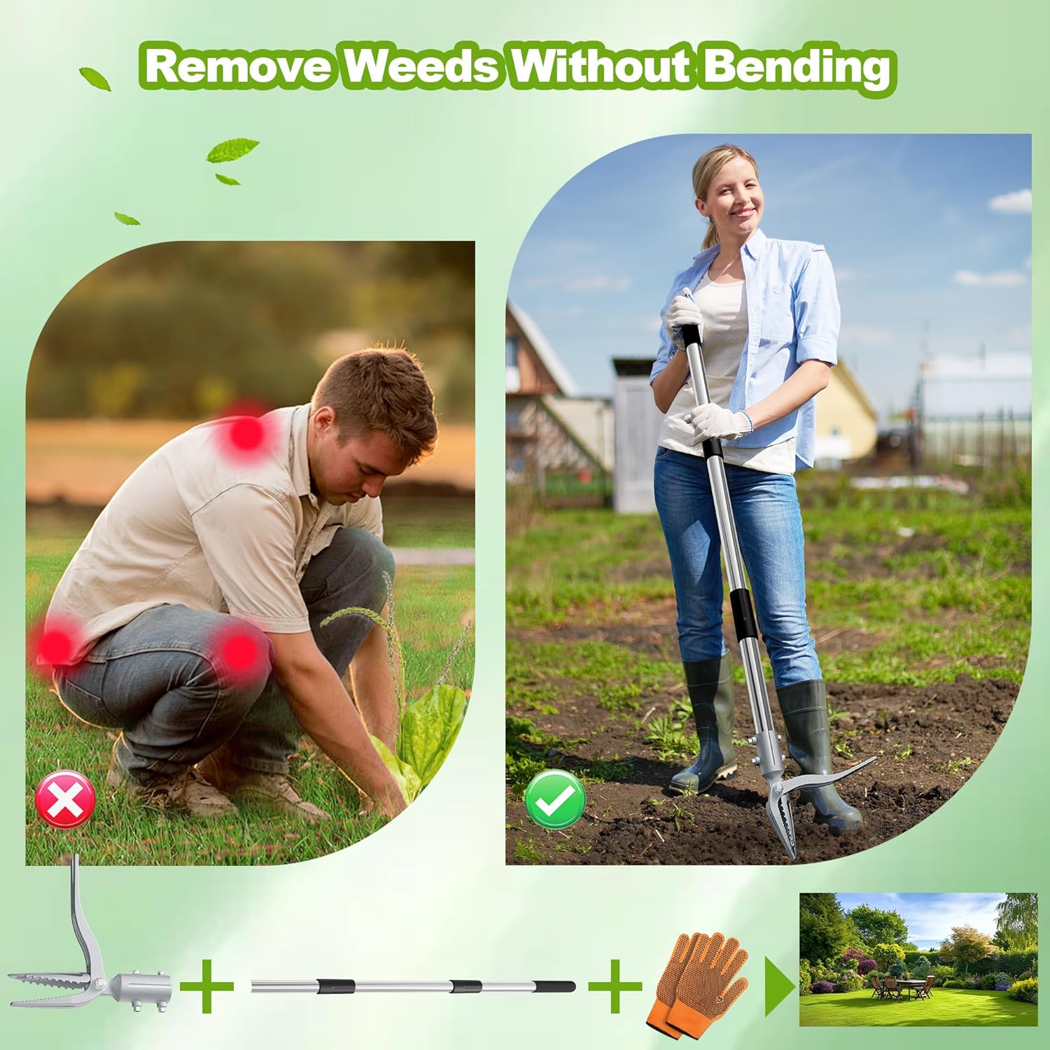 Weed Puller Tool with Gloves, Long Handle Stand Up Weed Tool, Heavy Duty Weeder Remover Tool with 4 Claw Steel Head for