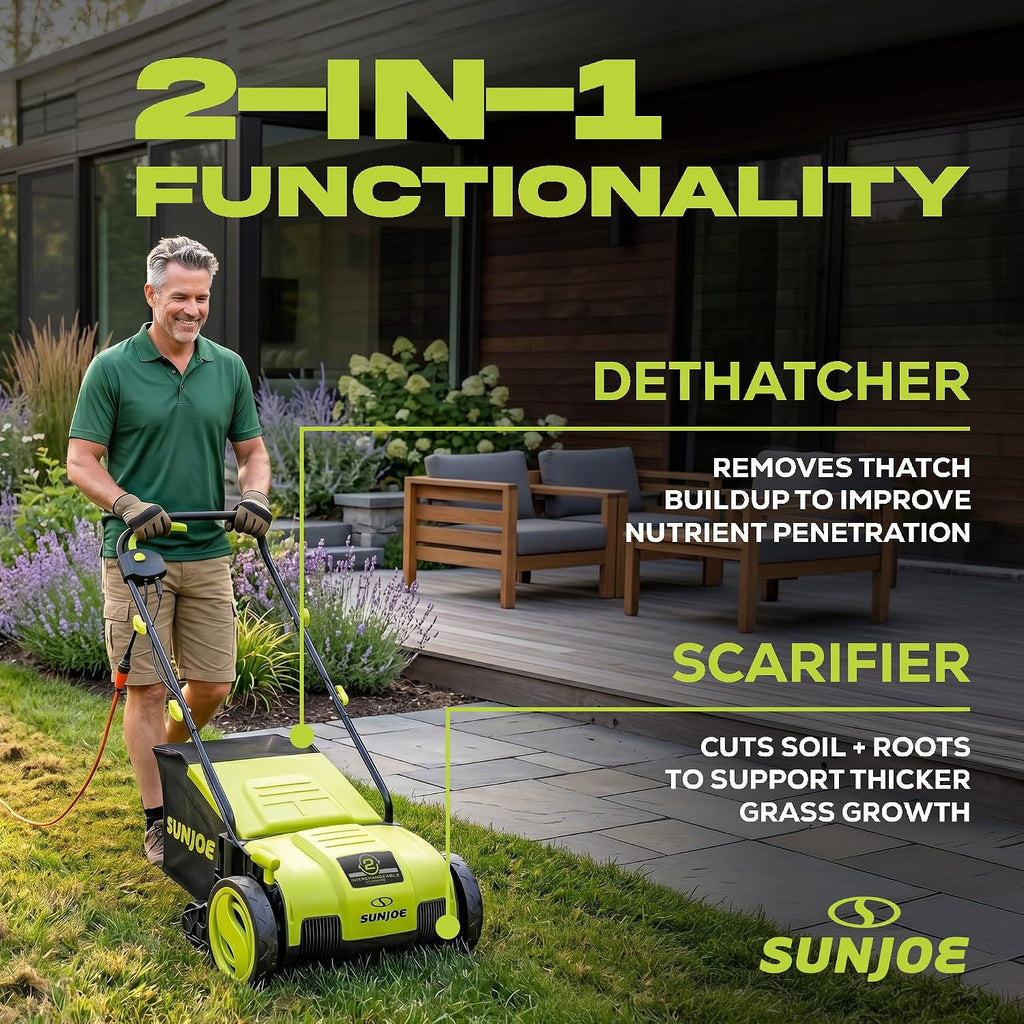Sun Joe Corded Electric Lawn Dethatcher and Scarifier, 12-Amp, 12.6-Inch Cutting Width - Heavy-Duty Yard Trimmer and