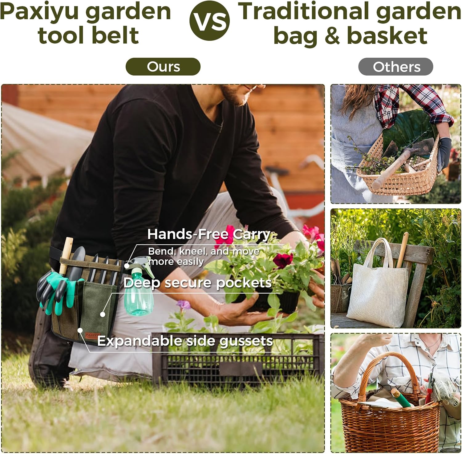 Garden Tool Belt for Women & Men, Slim Denim Garden Apron with 4 Pockets, Lightweight Adjustable Tool Pouch for