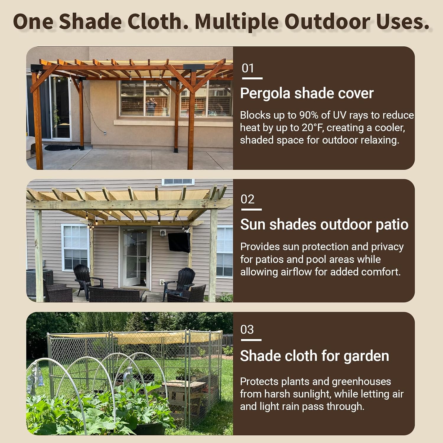 MEANCHEN 90% 12x12ft Sun Shades for Outdoor Patio Shade Cloth with Grommets Beige, Pergola Shade Cover Breathable Sun