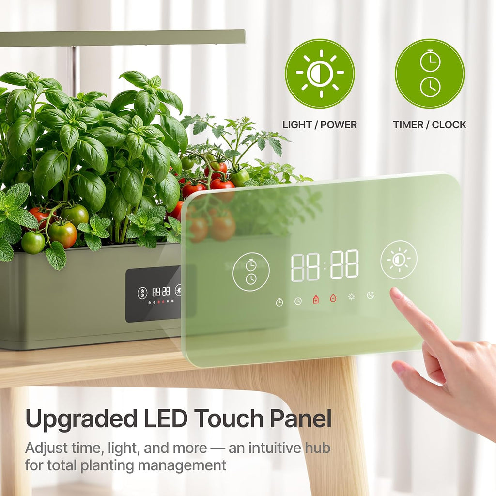 Hydroponics Growing System Kit with 24W Dimmable LED Light, Green | 12 Pods Indoor Herb Garden with Timer & Local Time