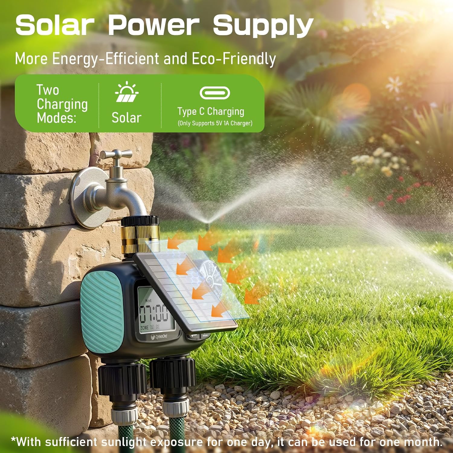 2 Zone Solar Water Timer, Hose Timer with Solar Charging | Sprinkler Timers for Garden Hose with Auto/Manual/Rain Delay