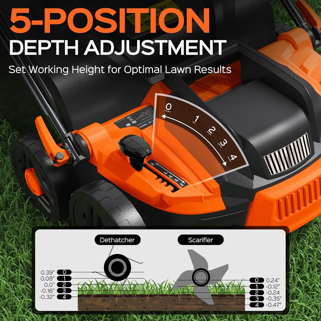 TIECTOWN 16-Inch 15.5 Amp 2-in-1 Electric Dethatcher and Scarifier with 14.5-Gallon Collection Bag, Lawn Dethatcher