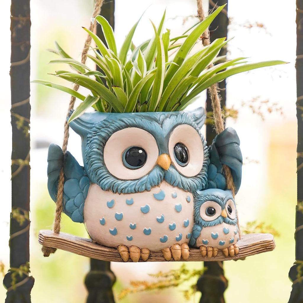 Swing Owl Hanging Planters for Indoor Plants, Cute Small Succulent Pots with Drainage Hole, Unique Resin Plant Hangers