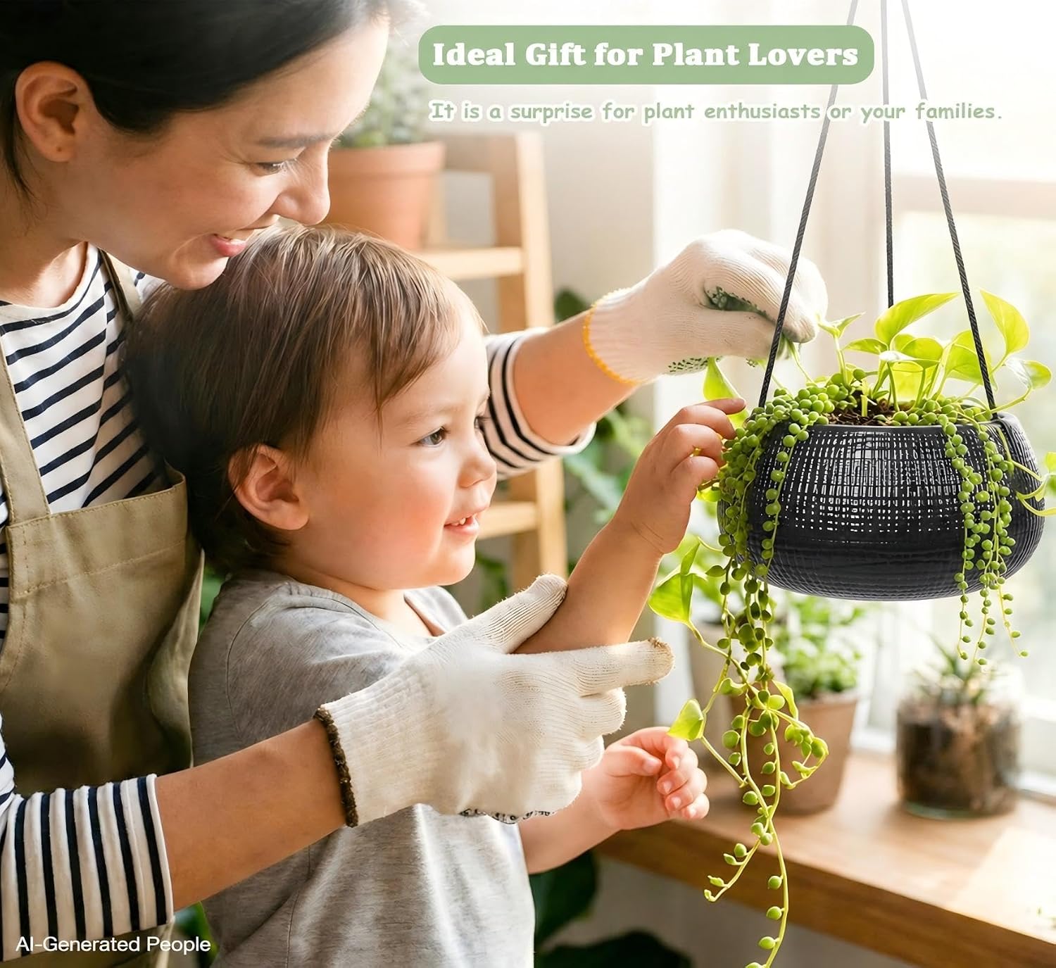 8 Inch Hanging Planter for Indoor Plant, Ceramic Black Flower Pot | Modern Textured Design, Drainage Hole, for Indoor