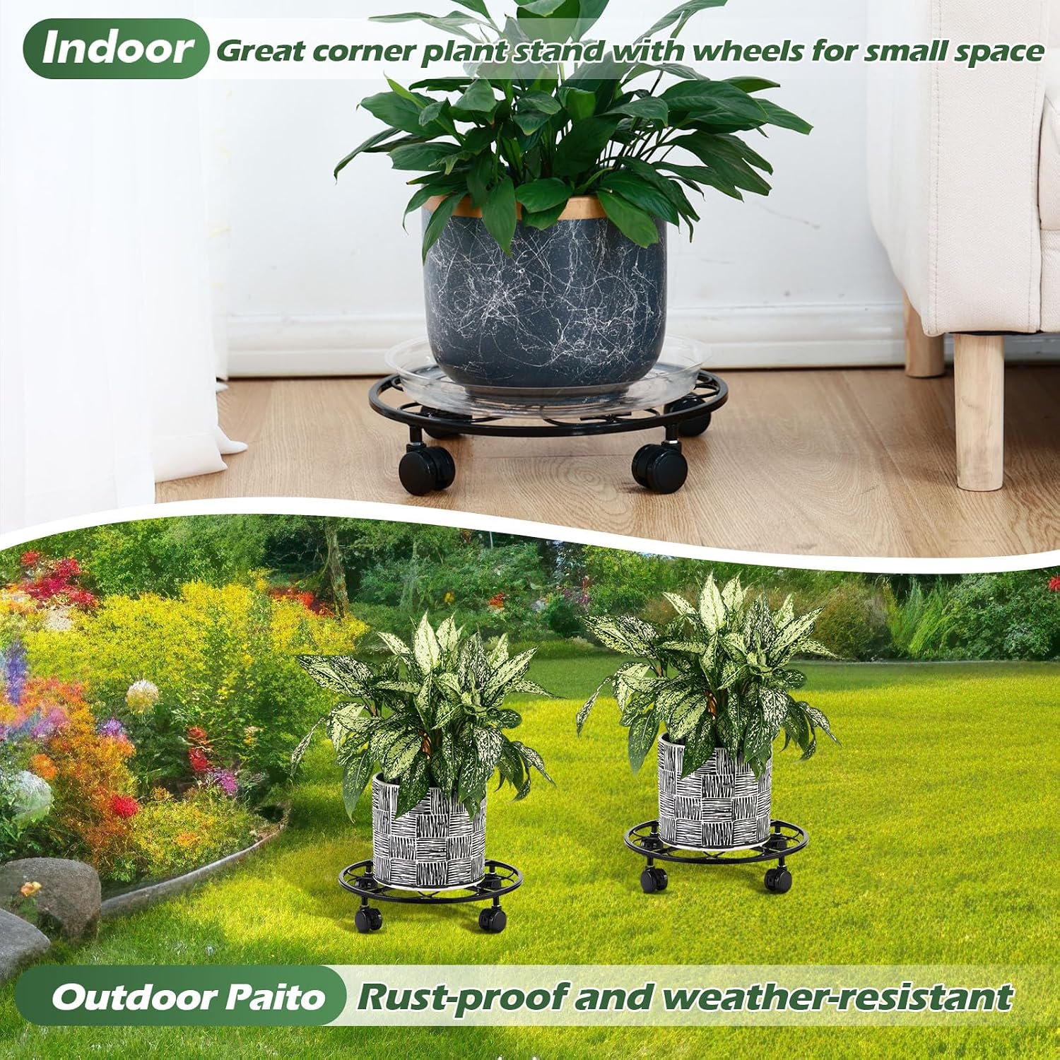 5 Packs 13 inches Large Metal Plant Caddy with Wheels Round Planter Dolly Pot Mover Rollers Wrought Iron Rolling Plant