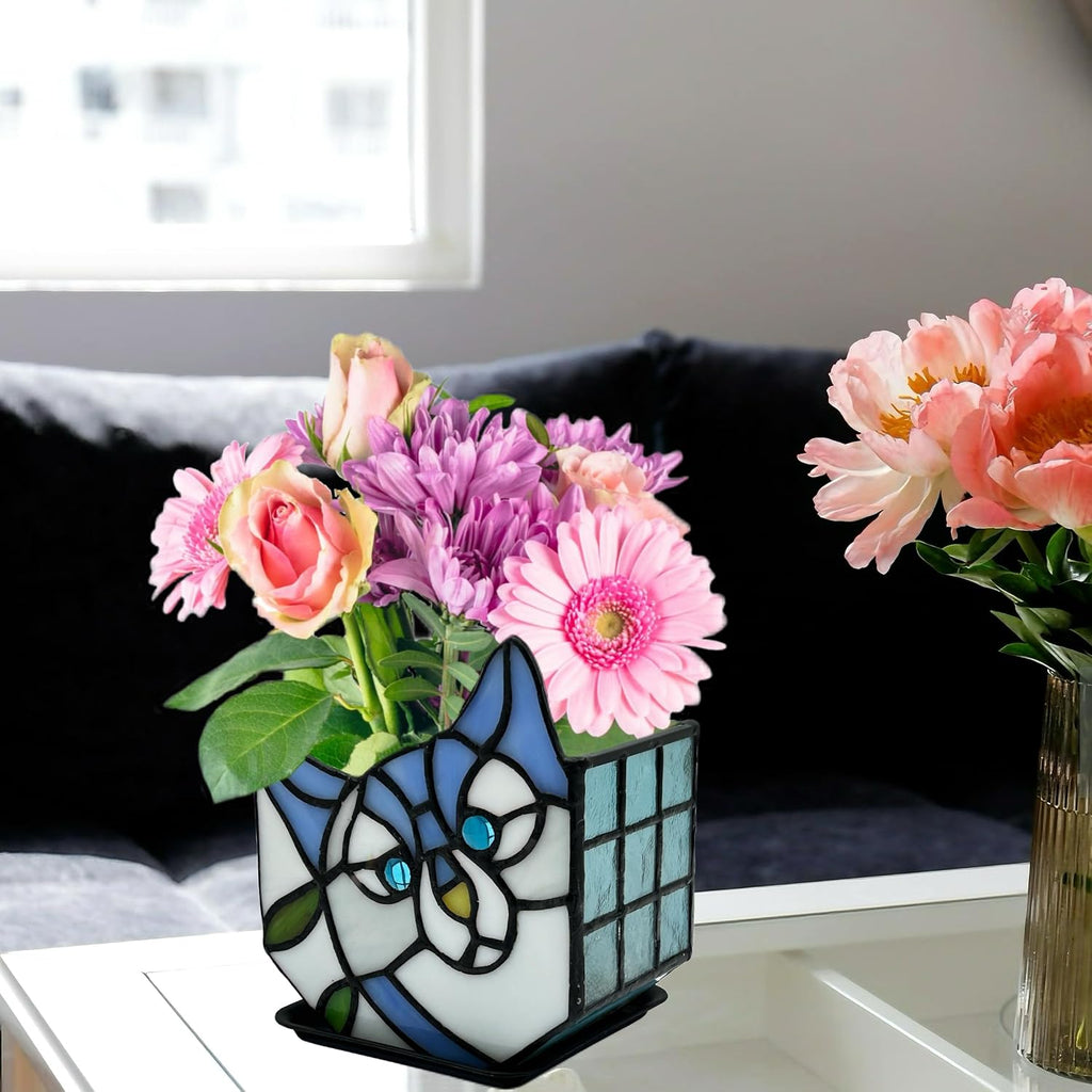 Stained Glass Cat Flower Pot,Cute Pots for Plants,Small Plant Pot with Unique Cat Face Design,Tiltable Terrarium