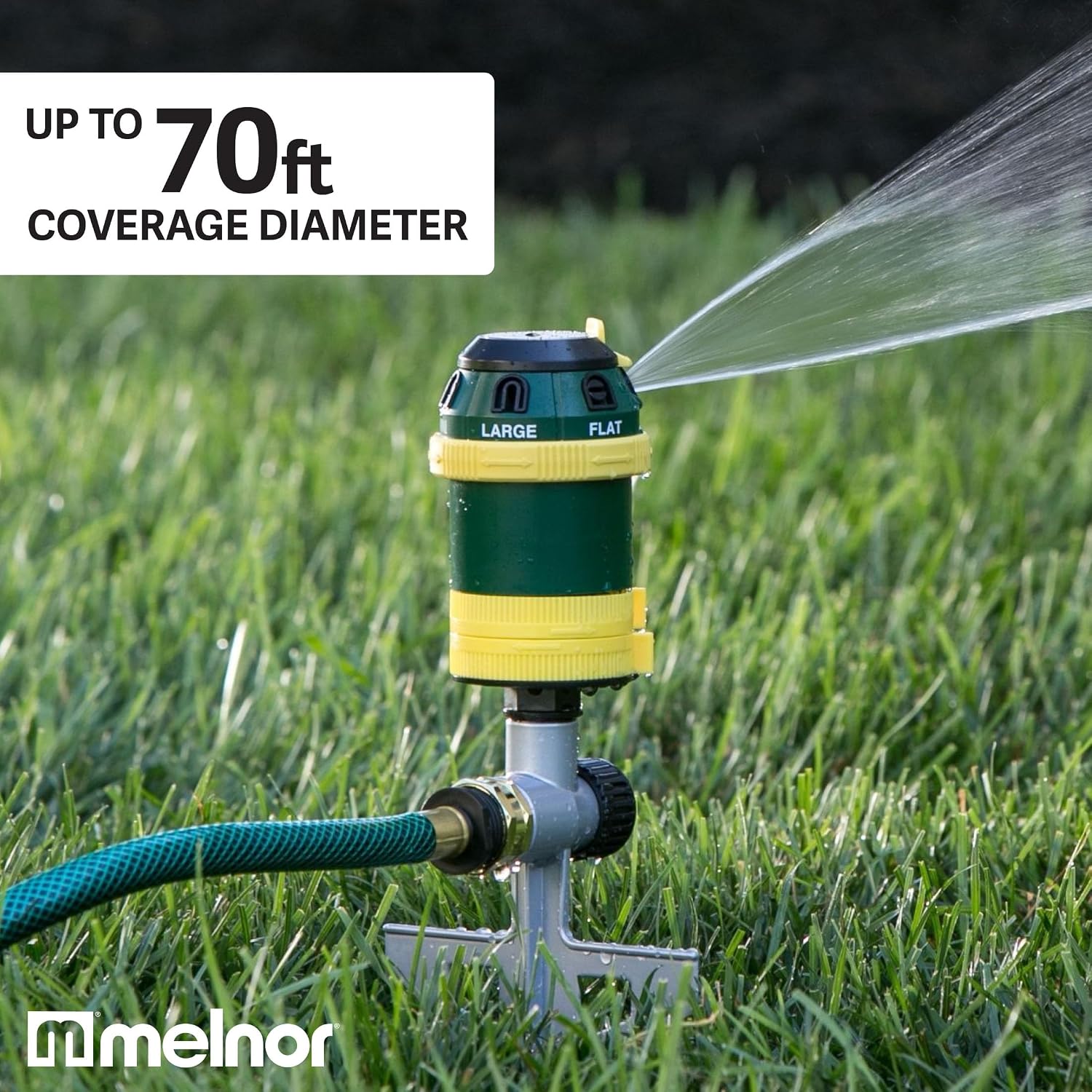 Melnor 65161AMZ Turbo Drive Rotary Sprinkler, Waters Up to 70 Ft. Diameter, 6 Spray Patterns, Adjustable 30° to 360°