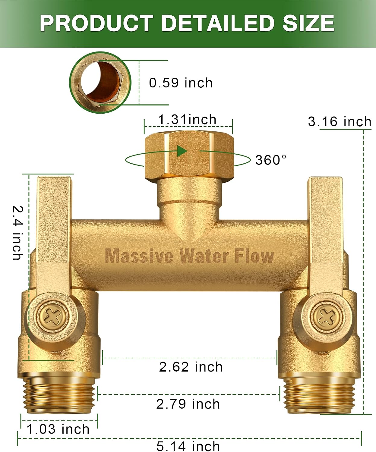 Hose Splitter 2 Way Heavy Duty, Solid Brass Full Flow Outdoor Faucet and Garden Hose Splitters, Water Spigot Splitter T