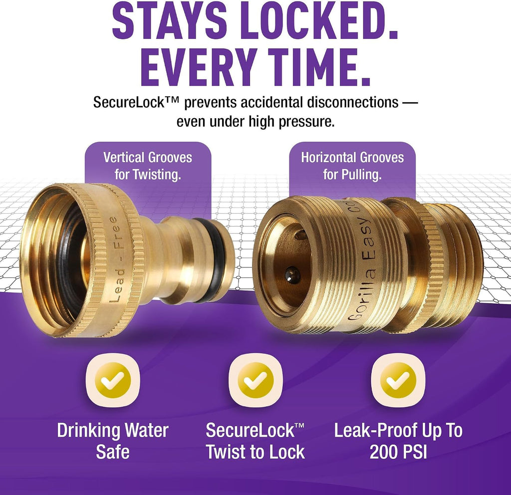 Low Lead Locking Garden Hose Quick Connect Fittings ¾ Inch GHT Solid Brass Leak Proof to 200 PSI Heavy Duty