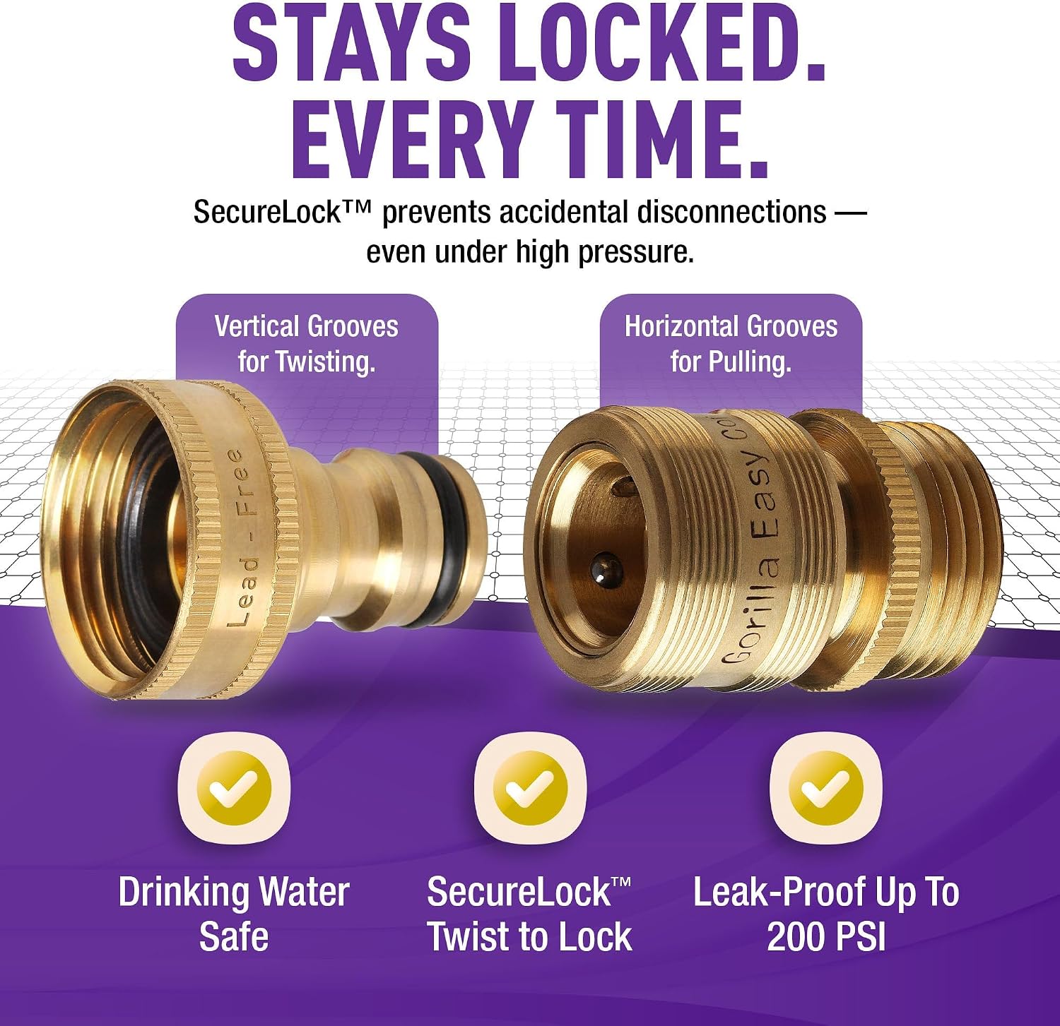 Low Lead Locking Garden Hose Quick Connect Fittings ¾ Inch GHT Solid Brass Leak Proof to 200 PSI Heavy Duty
