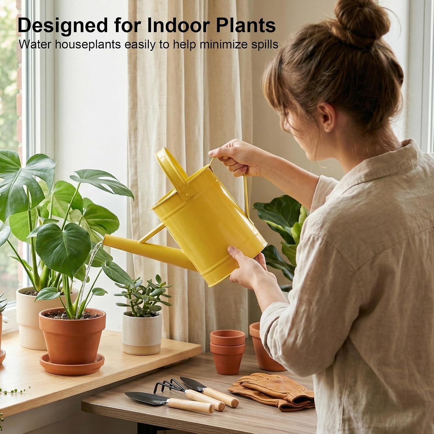 DUSVALLY Metal Watering Can, 55 oz Indoor Plant Watering Can, Yellow | 55 oz Watering Can • Long Spout • Removable
