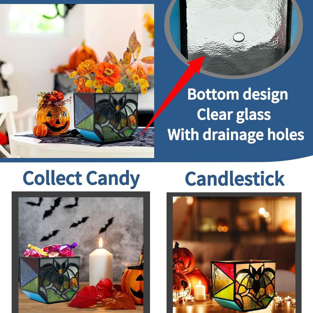 Stained Glass Bat Planter with Drainage Holes, Cute Planter Pots for Indoor Plants, Halloween Stained Glass Bat Decor