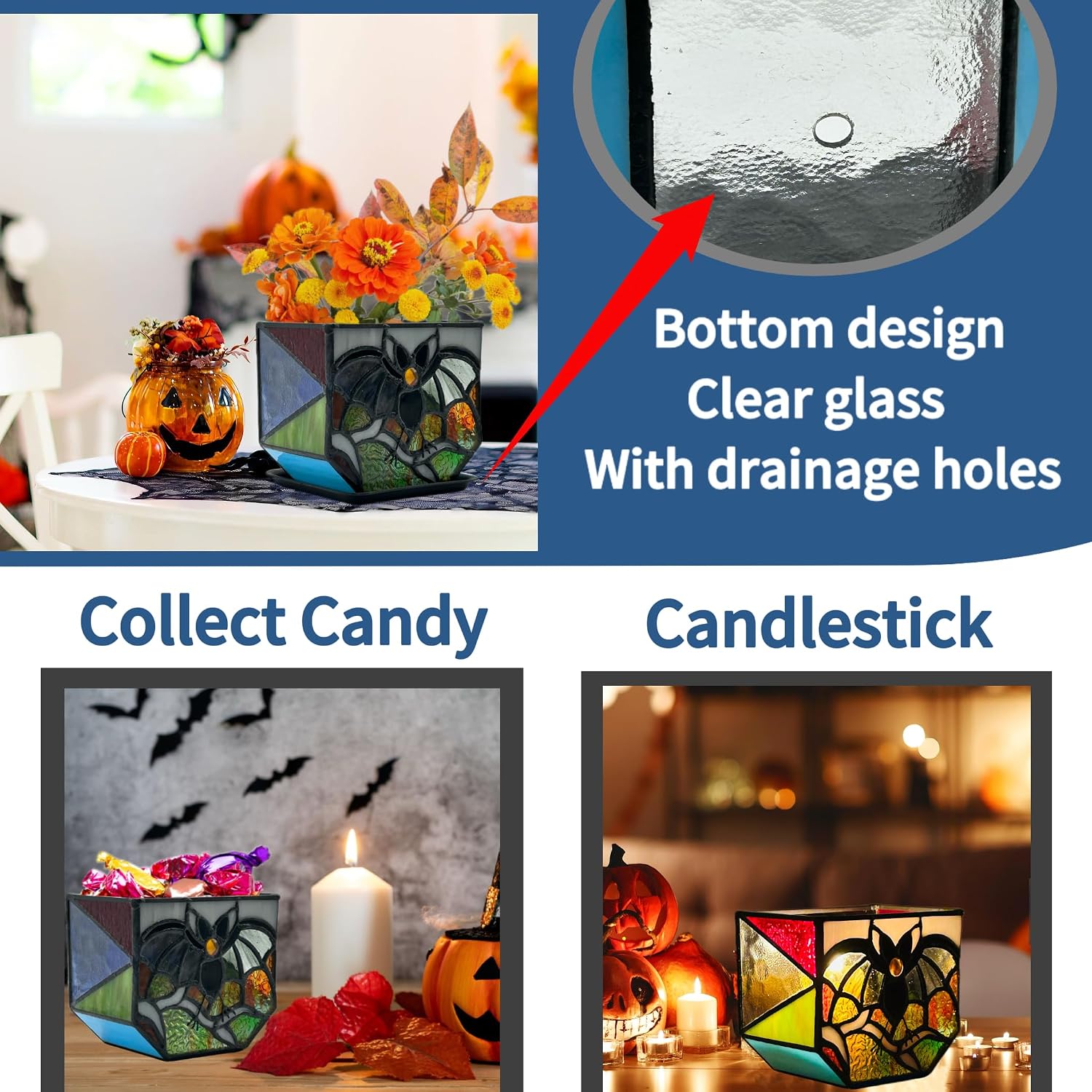 Stained Glass Bat Planter with Drainage Holes, Cute Planter Pots for Indoor Plants, Halloween Stained Glass Bat Decor