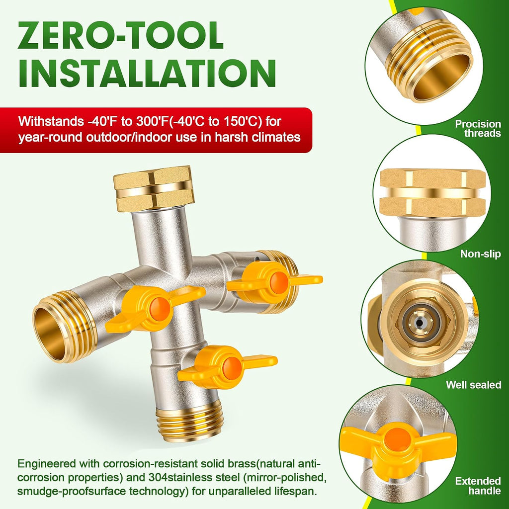 Hose Splitter 3 Way, High Flow Garden Hose Splitter, 3/4” Ght Inlet Brass Heavy Duty Hose Converter, water 3 Way Faucet