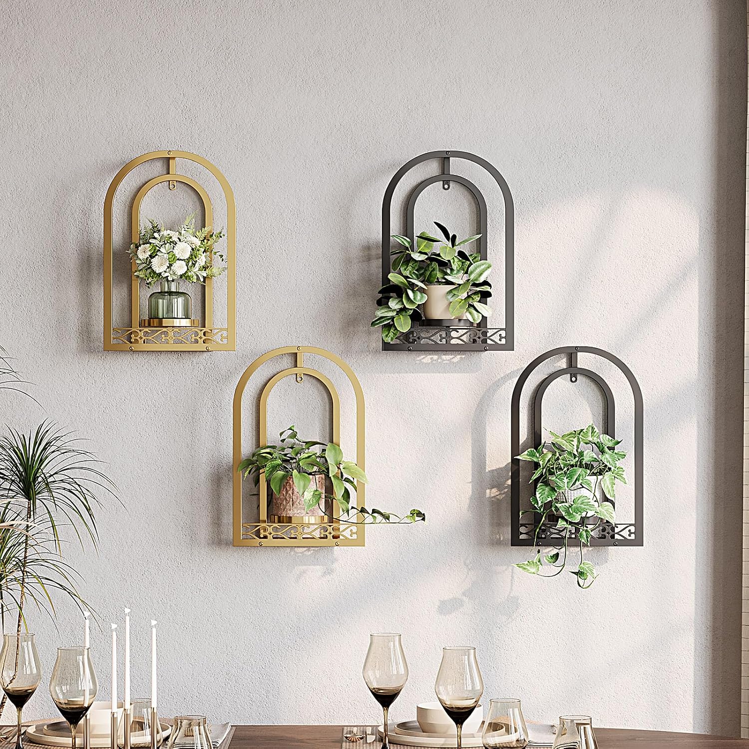 3 Pack Wall Plant Stand, Mid Century Iron Wall Decor, Gold | Space-Saving, indoor & outdoor plants, rustproof iron