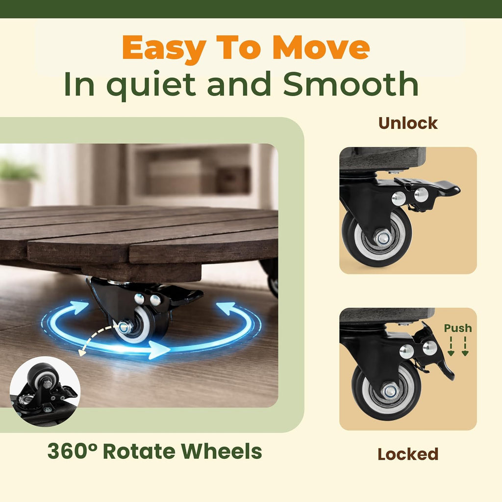 Jurax Wood Plant Caddy with Wheels – Heavy Duty Plant Dolly Holds Up to 286 lbs, 360° Lockable Casters, Rolling Plant