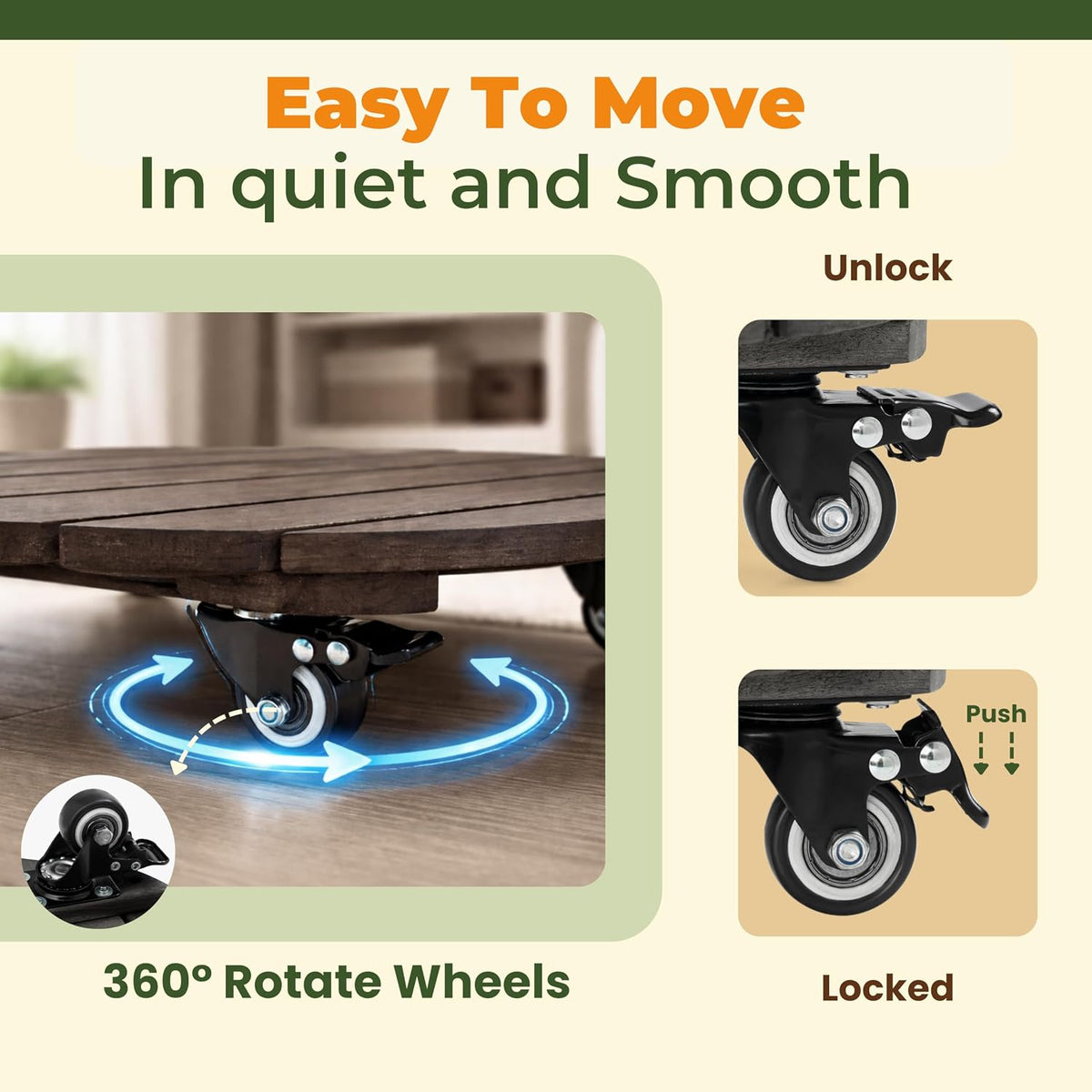 Jurax Wood Plant Caddy with Wheels – Heavy Duty Plant Dolly Holds Up to 286 lbs, 360° Lockable Casters, Rolling Plant