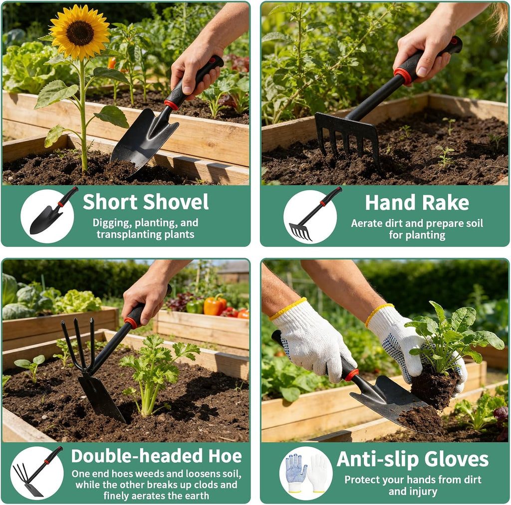 10PCS Gardening Tools Set, Heavy Duty Garden Hand Tool with Storage Bag Rust-Resistant Steel Built to Resist Bending