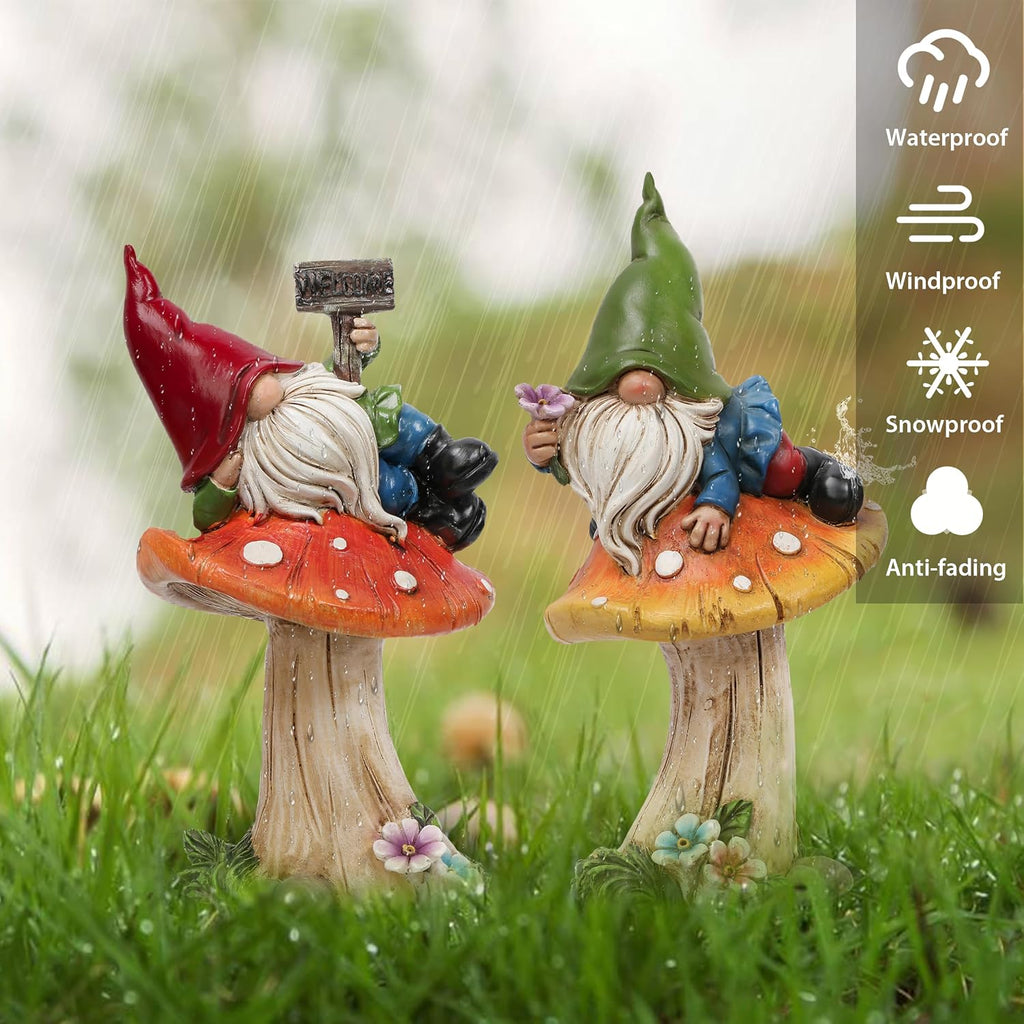 TERESA'S COLLECTIONS Resin Statues for Yard, Set of 2 Cute Garden Gnomes on Mushroom Statues for Outdoor Patio Porch