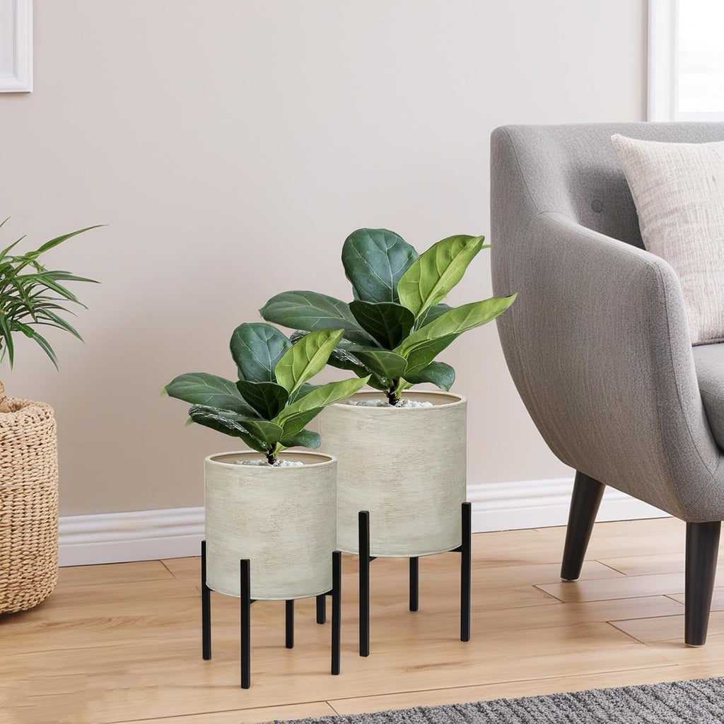 ARNIS Modern Plant Pots, Set of 2 Large Planters with Stand, Decorative Planters, Metal Pots with Drainage Holes for