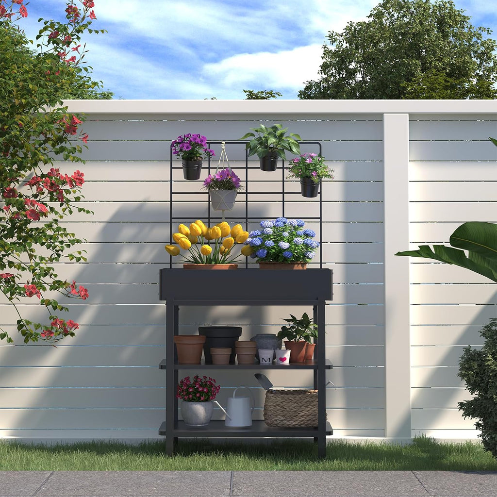Metal Raised Garden Bed with Trellis & Legs | 2-tier shelf, 3 flower pots, 36" tall no-bend, rust-resistant, ideal for