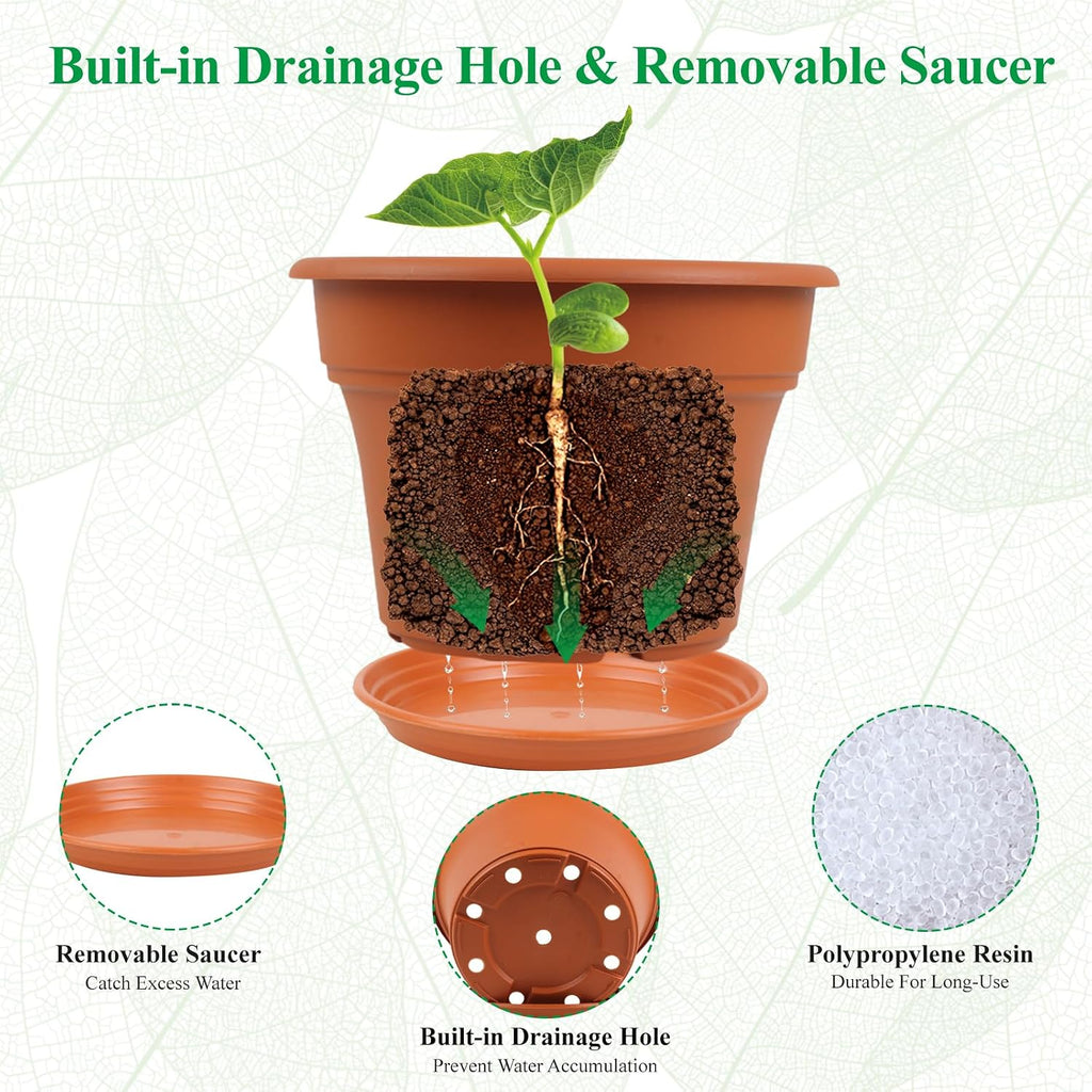 Pottiffe 16 inch Plastic-Flower-Pot-for-Indoor-Plants, 4 Pack Large Outdoor Planter Pot with Drainage Holes & Saucers