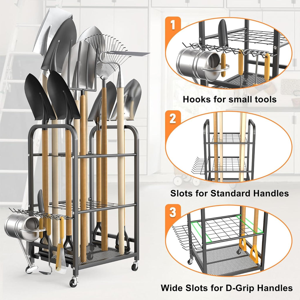 TORACK Garden Tool Organizer Stand with Wheels, Rakes Shovels Yard Tools Stand for Garage, Shed, Garden, Indoor/Outdoor