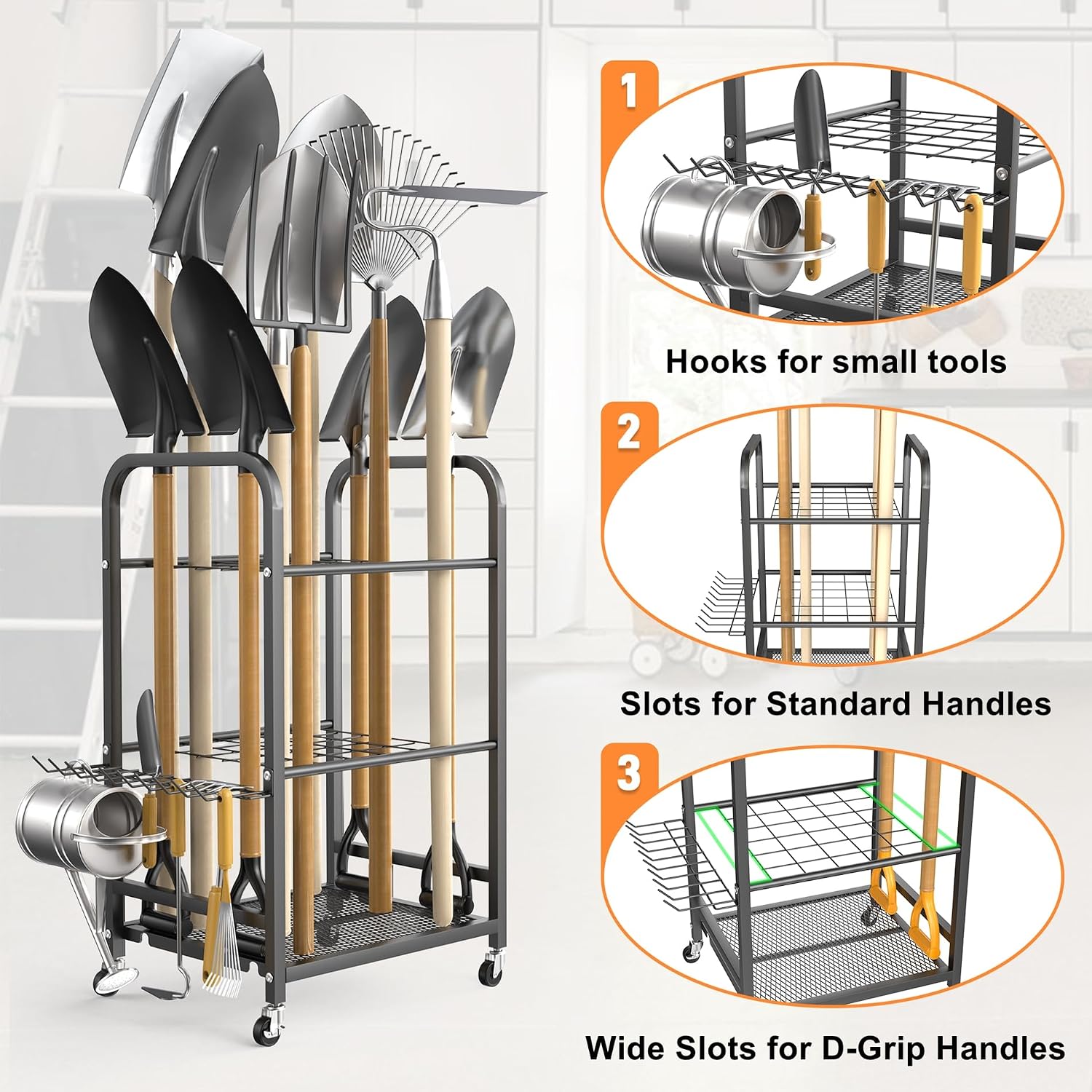 TORACK Garden Tool Organizer Stand with Wheels, Rakes Shovels Yard Tools Stand for Garage, Shed, Garden, Indoor/Outdoor