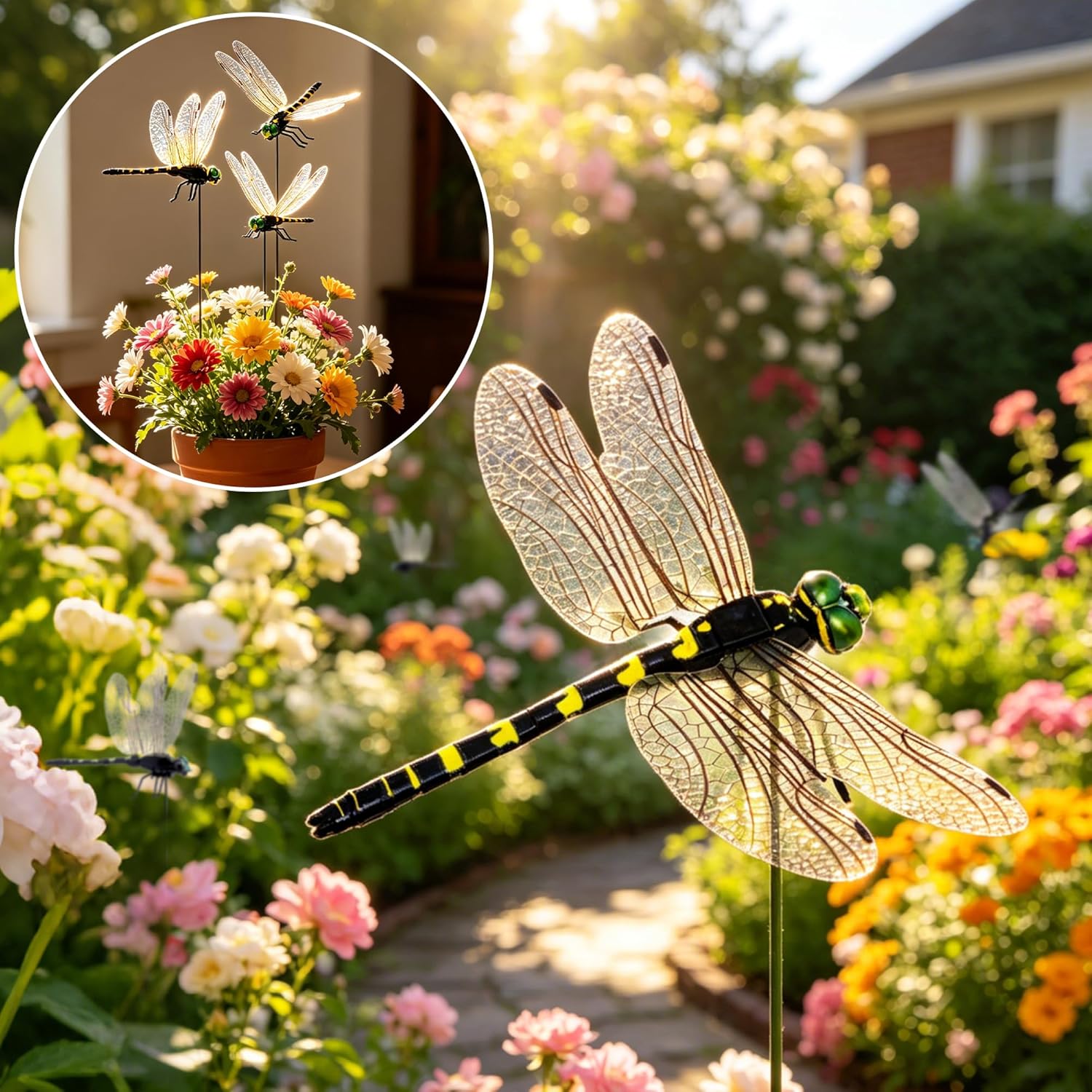 24 Pack 3D Dragonfly Clips, Fake Dragonflies with Stakes, Realistic Plastic Dragonfly Garden Decorations, Fly Deterrent