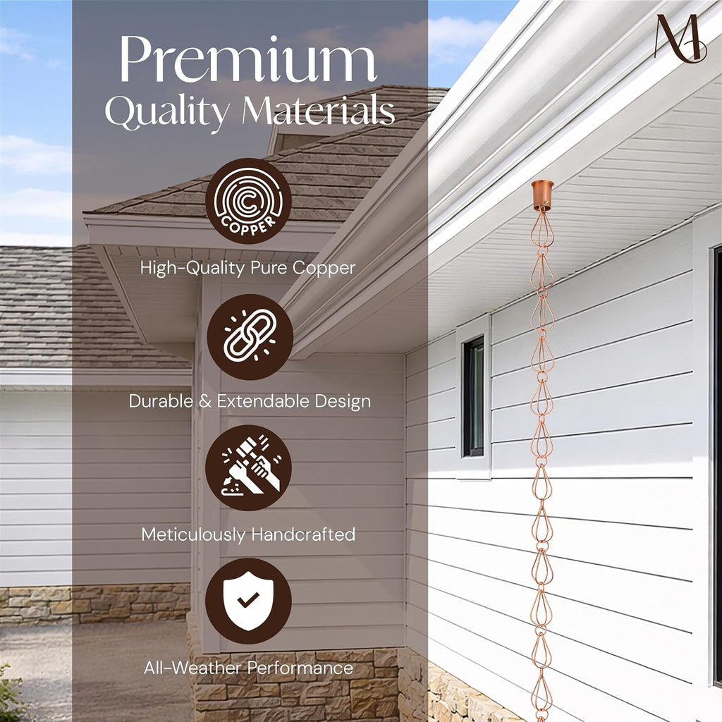 Monarch Rain Chains Pure Copper Teardrop Rain Chains for Gutters – 8.5 ft Decorative Rainchain Outdoor Durable Heavy