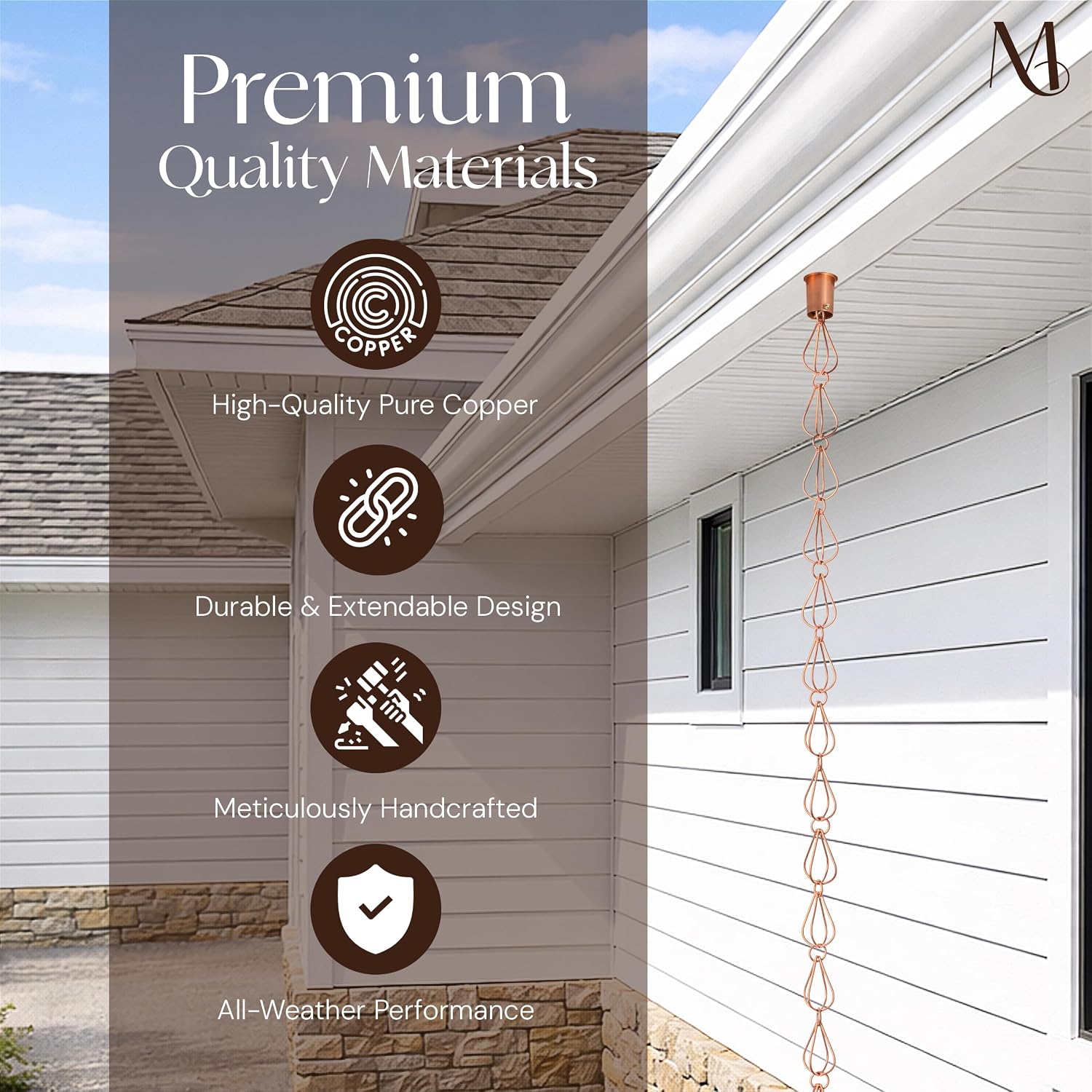 Monarch Rain Chains Pure Copper Teardrop Rain Chains for Gutters – 8.5 ft Decorative Rainchain Outdoor Durable Heavy
