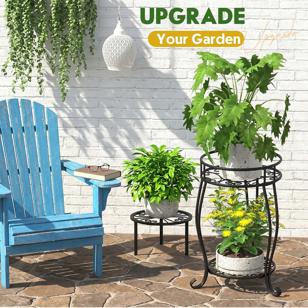 TOSKING 2-Tier & 9.1'' Single Metal Plant Stand Set,Indoor/Outdoor,Black | Single Stand with Adjustable Leveling Feet