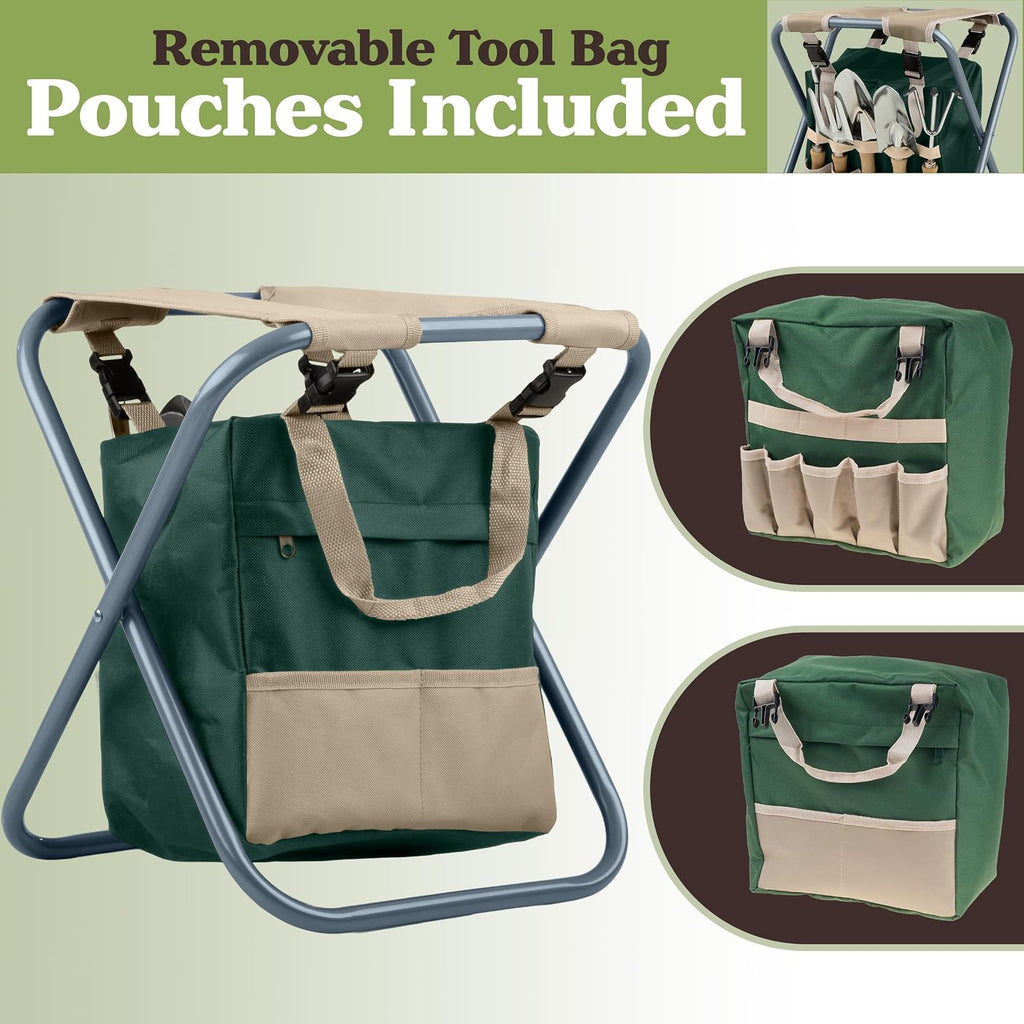 Pure Garden Folding Garden Stool with Tool Bag Plus 5 Garden Tools,Tan, Green and Silver