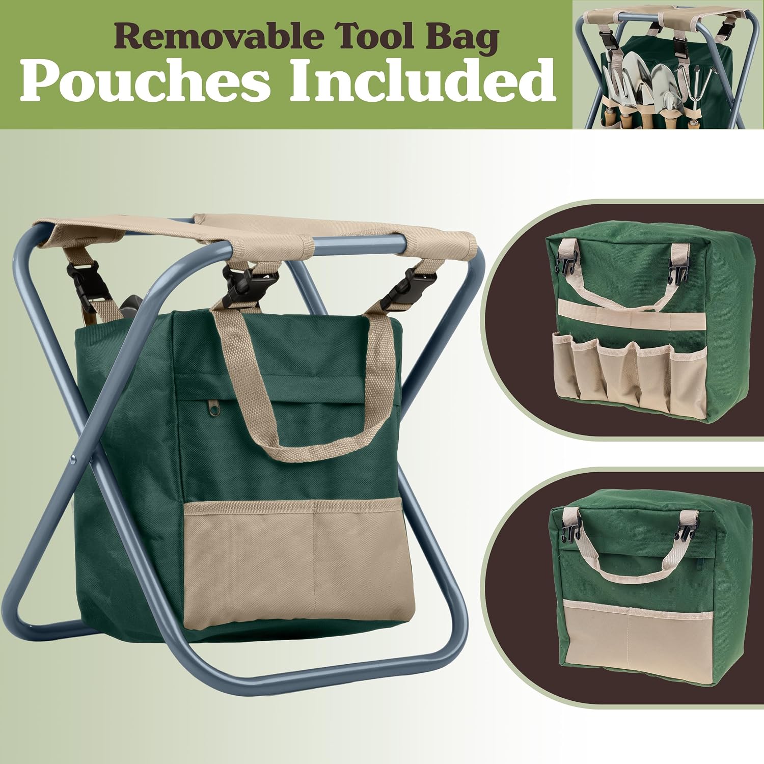 Pure Garden Folding Garden Stool with Tool Bag Plus 5 Garden Tools,Tan, Green and Silver
