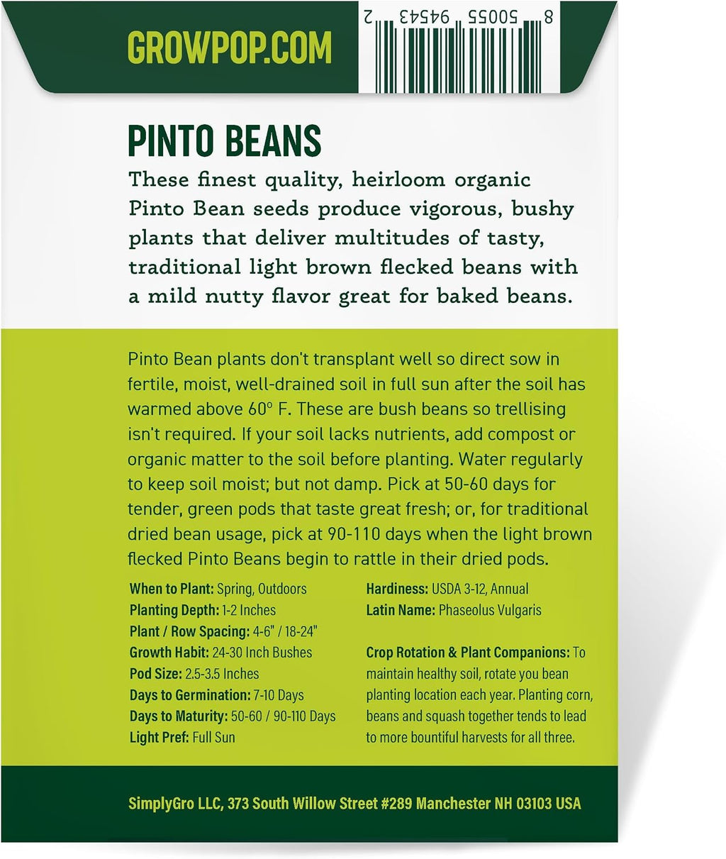 Organic Pinto Bean Seeds - USDA Organic, Non-GMO, Open Pollinated, Heirloom, USA Origin (5 Packets - 100 Grams - Approx