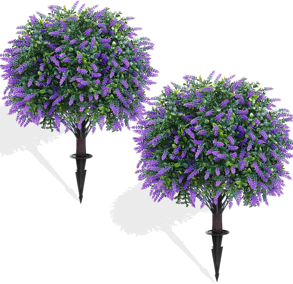 Artificial Lavender Boxwood Topiary Ball Trees Set of 2 Fake Shrubs Bushes | UV Resistant indoor outdoor faux evergreen
