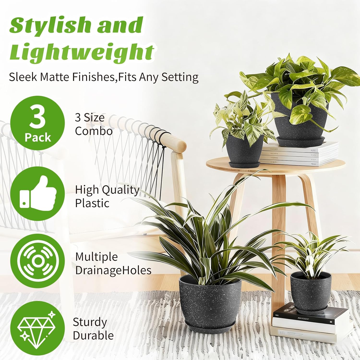 10/9/8 Inch 3 Pack Speckled White Plant Pots with Drainage Holes and Saucers, Indoor Outdoor Decor Planters for