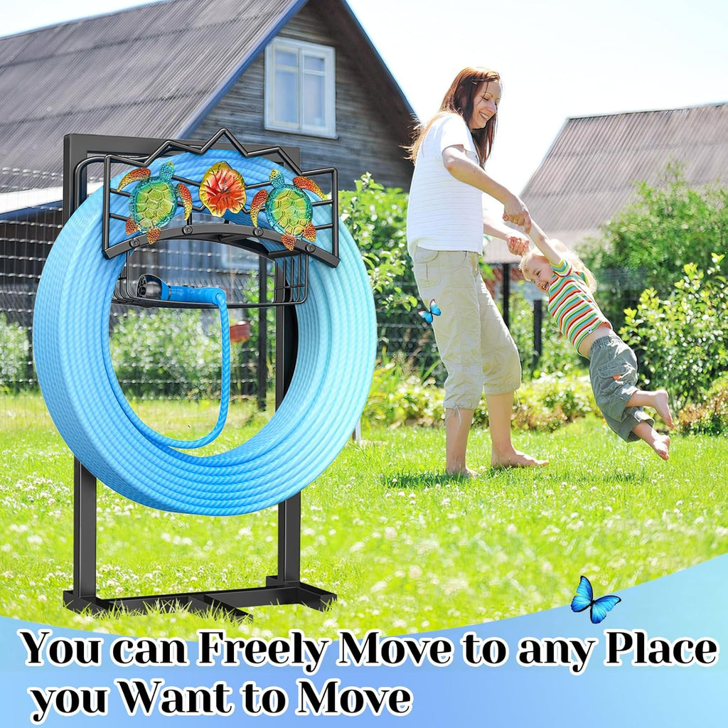 Garden Water Hose Holder 5 Spikes, Freestanding Hose Stand for Outside Yard | Water Hose Reel Stand with Storage Basket