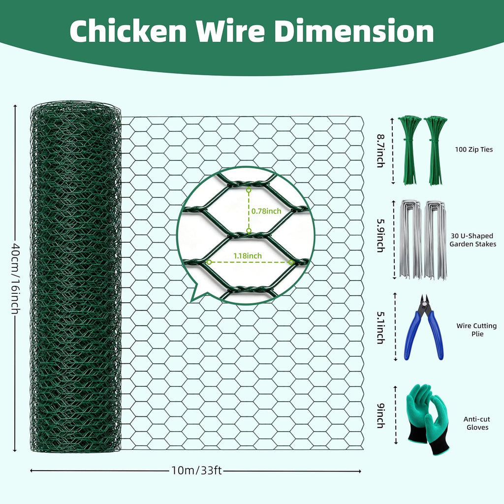 16in x 33ft PVC Coated Chicken Wire Mesh Fence | Garden Fencing Netting & Plant Protectors from Animals Kit with 100