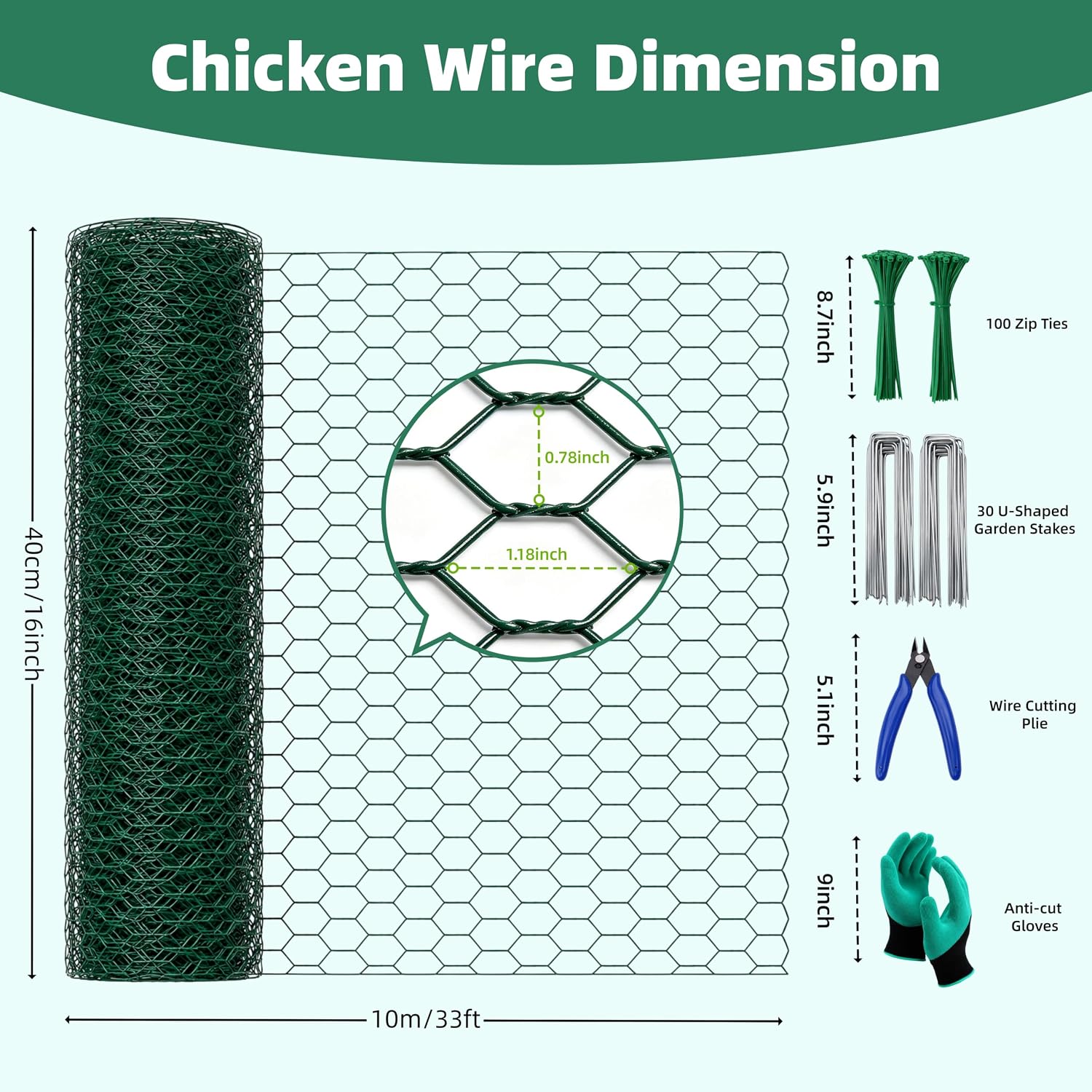 16in x 33ft PVC Coated Chicken Wire Mesh Fence | Garden Fencing Netting & Plant Protectors from Animals Kit with 100