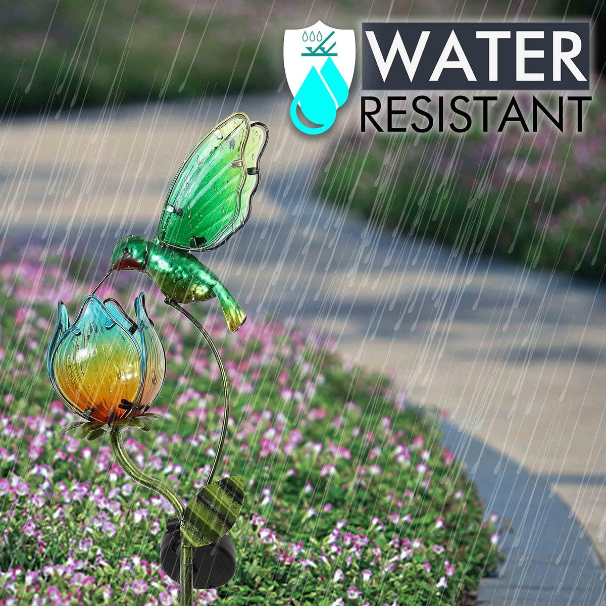 TERESA'S COLLECTIONS Glass Flower Bird Pathway Solar Outdoor Light for Garden Decor, 39'' Tulip and Hummingbird Metal